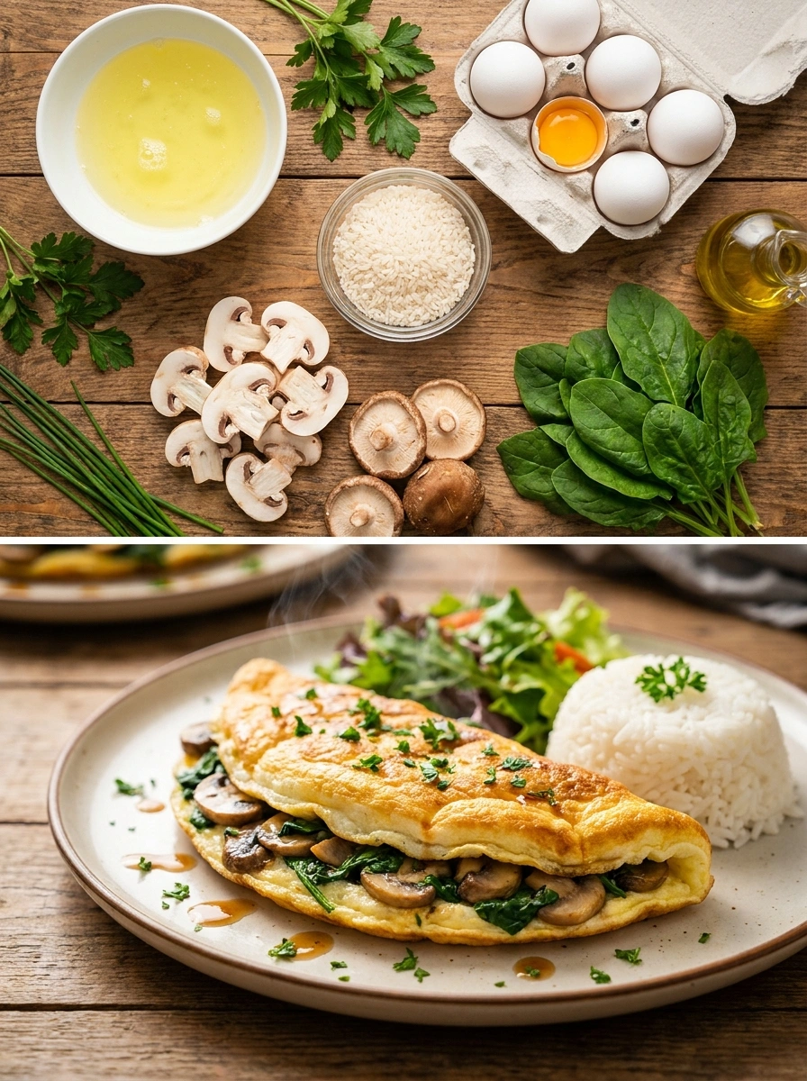 Äggvita Omelett Svamp Ris 28g Protein - traditionellt Sverige Träningsmat recept, perfekt till vardagsmiddag