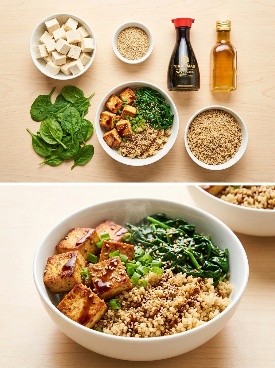 Tofu Sesam Spinat Bowl 30g Protein - traditionellt Sverige Träningsmat recept, perfekt till vardagsmiddag