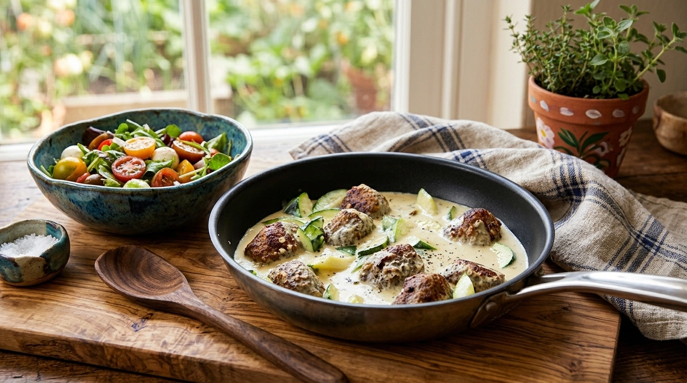 Färsbiffar med gräddsås och stekta zucchini-skivor – LCHF Husmanskost - traditionellt Sverige Huvudrätt recept, perfekt till vardagsmiddag