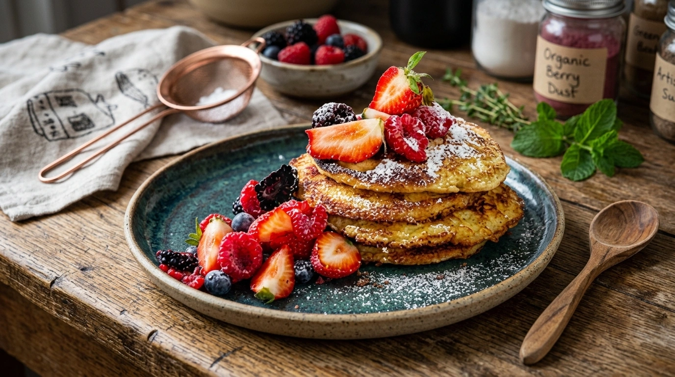 Mandelmjöls-pannkakor med bär och vispgrädde – LCHF Helgmys - traditionellt Sverige Efterrätt recept, perfekt till vardagsmiddag