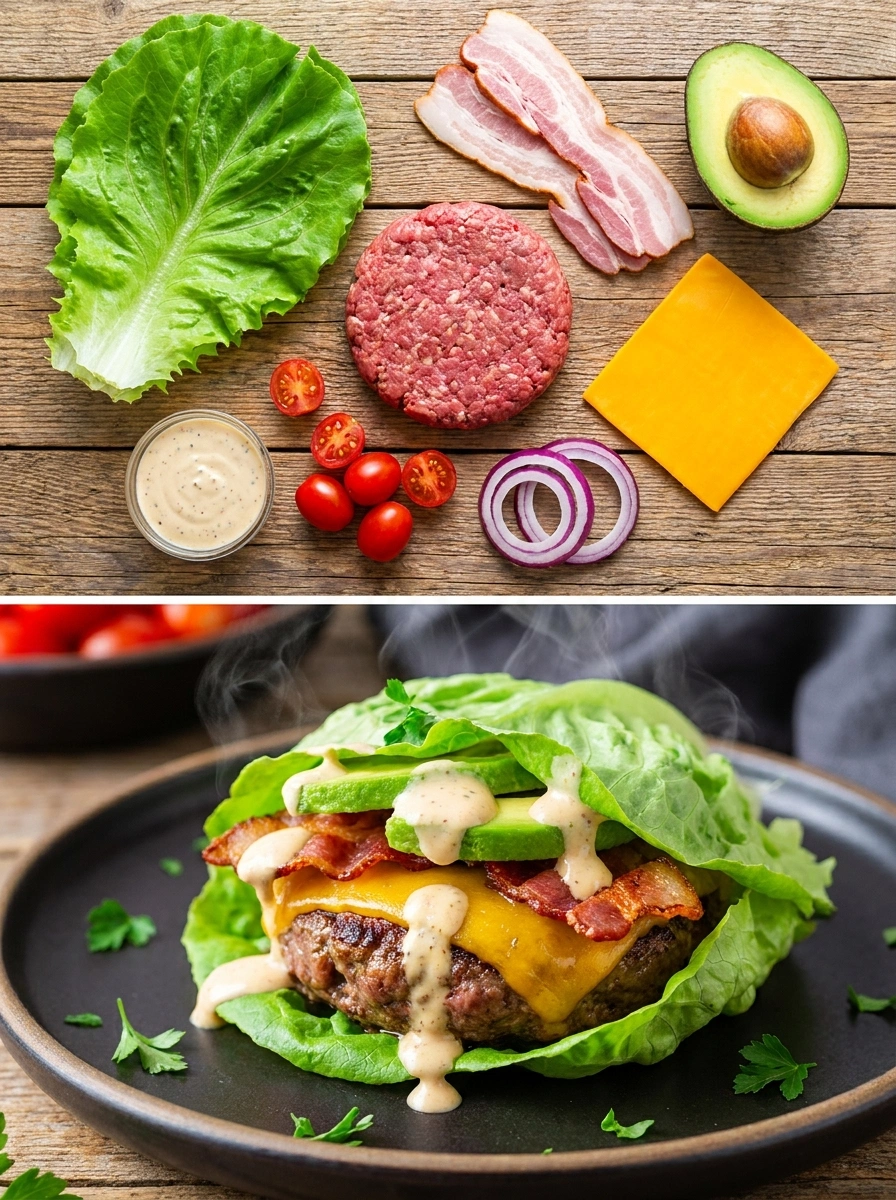 Keto Hamburgare med Salladsblad & Dressing - traditionellt USA Middag utan kolhydrater recept, perfekt till vardagsmiddag