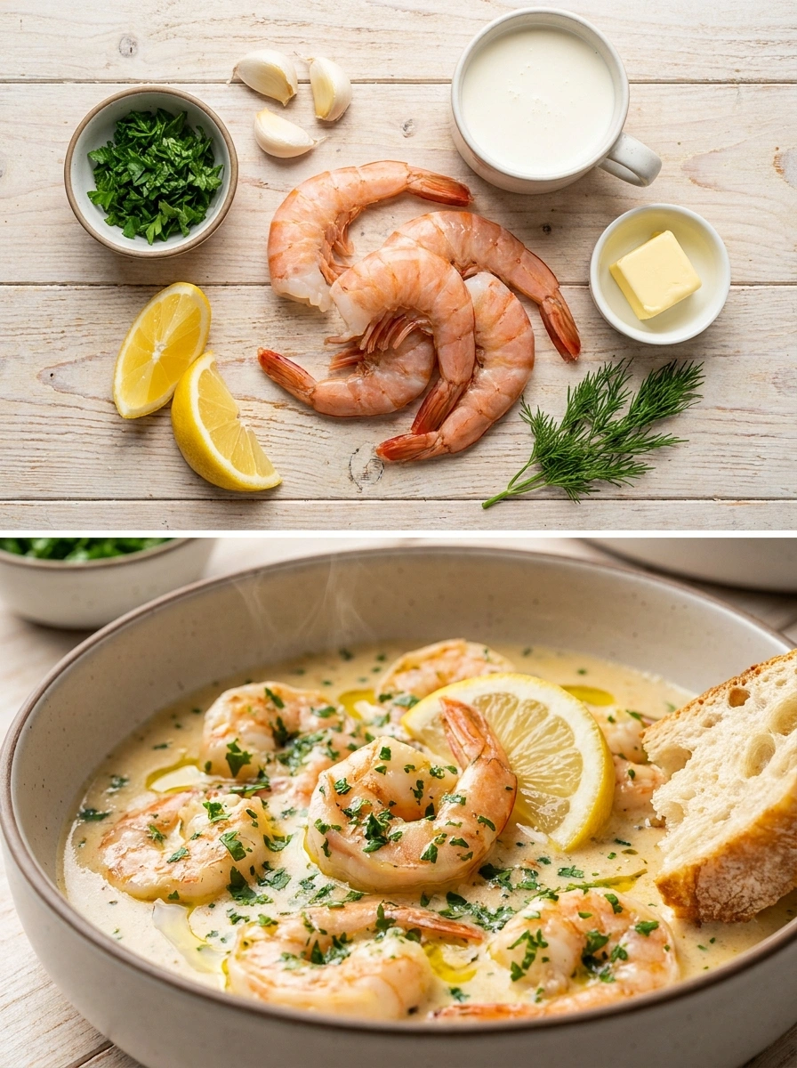 Räkor Gräddig Vitlökssås - traditionellt Sverige Middag utan kolhydrater recept, perfekt till vardagsmiddag