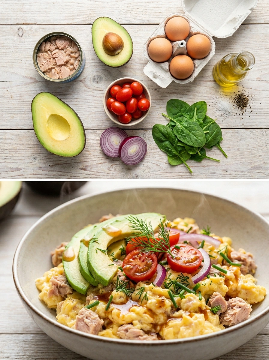 Tonfisk Avocado Äggröra Bowl - traditionellt Sverige Middag utan kolhydrater recept, perfekt till vardagsmiddag