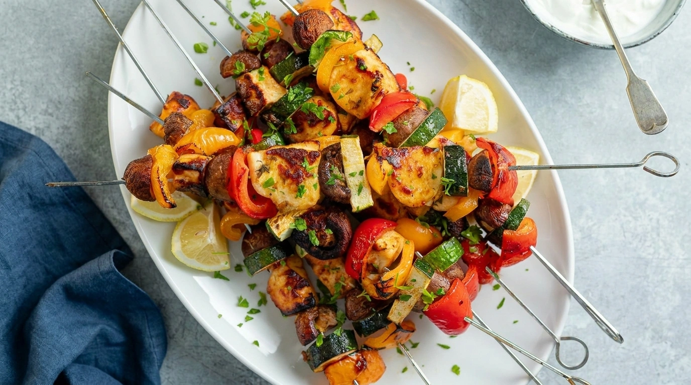Halloumi kebab with yogurt herb sauce | Vegetariska grillspett med fräsch örtsås