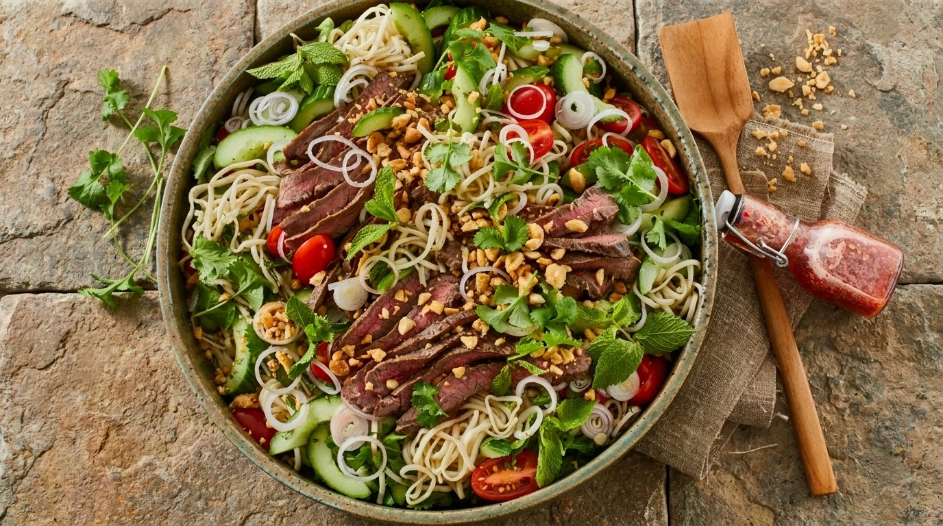 Asiatisk biffsallad | Smakrik biffsallad med soja, lime och nudlar