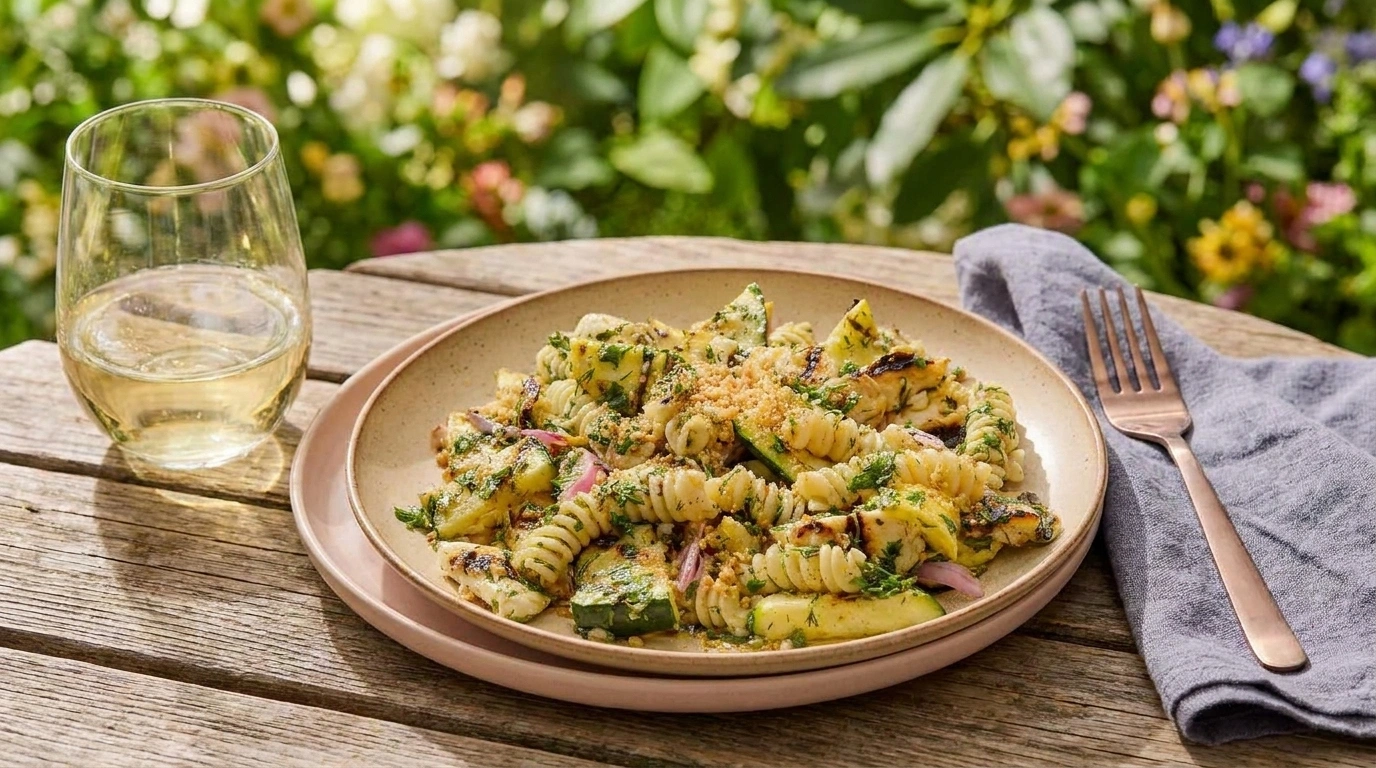 Halloumi pasta salad with basil dressing | Kryddig pastasallad med grillad halloumi