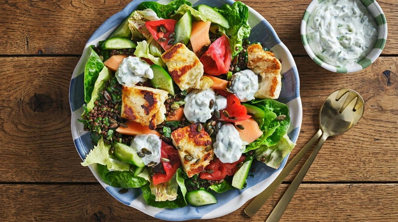 Halloumisallad med tzatziki – enkel och fräsch middag på 20 minuter