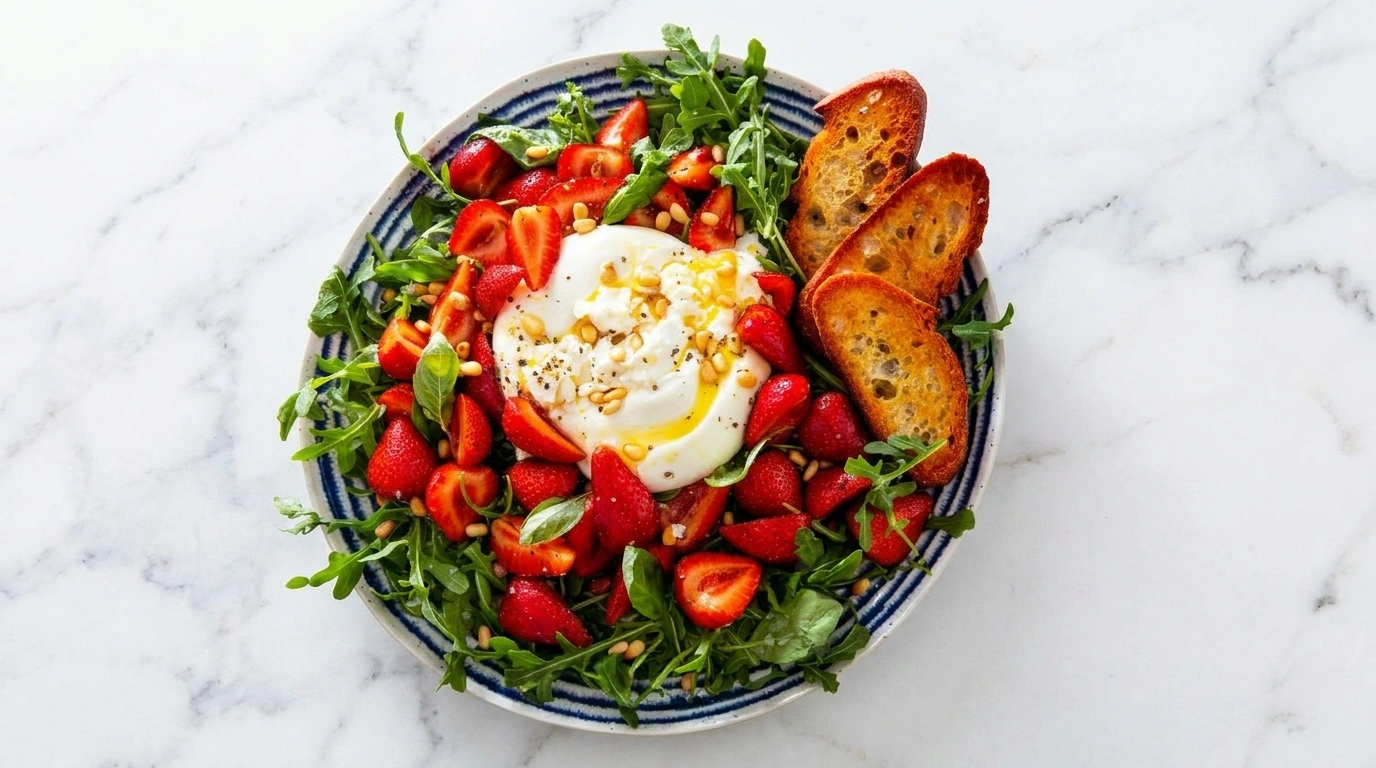 Strawberry burrata salad | Söt‑salt sallad med jordgubbar och burrata – svensk sommarmat