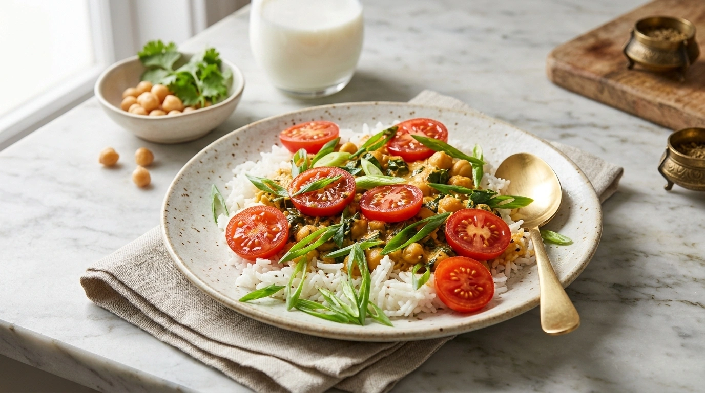 Vegetarisk gryta på kikärter, spenat och tomat – Mättar länge - traditionellt Svensk Middag recept, perfekt till vardagsmiddag