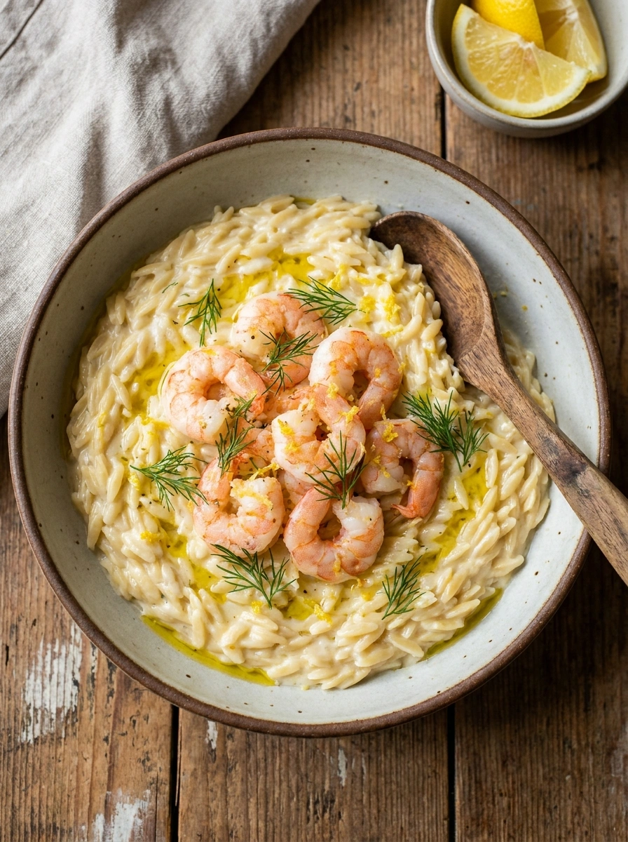 Dill, räkor och krämig orzo