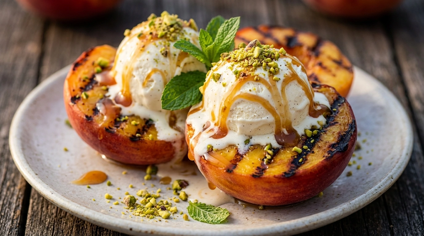 Grillade persikor med vaniljglass – sommarens enklaste dessert