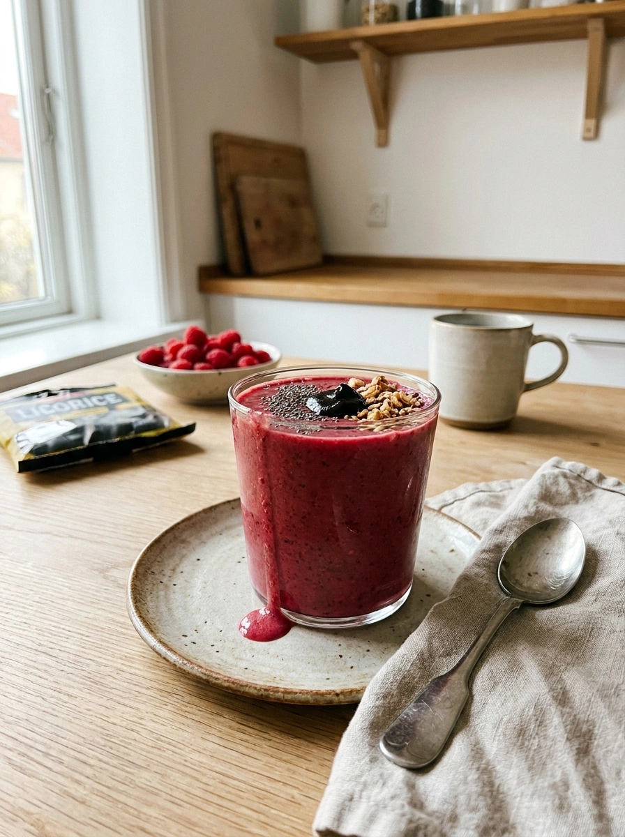 Hallon Lakrits Superfood Smoothie – Nordic Berry Power - traditionellt Sverige Frukost recept, perfekt till vardagsmiddag