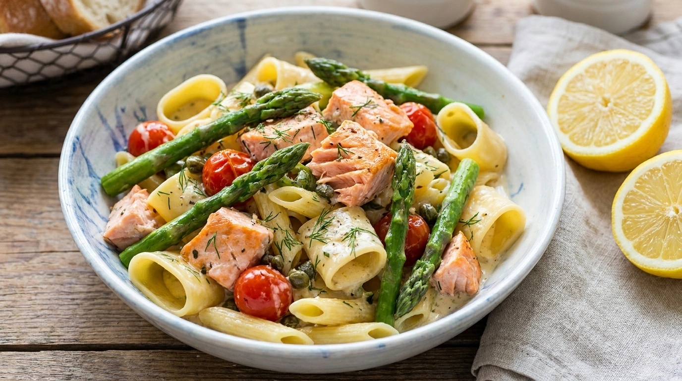 Kall pastasallad med rökt lax och sparris