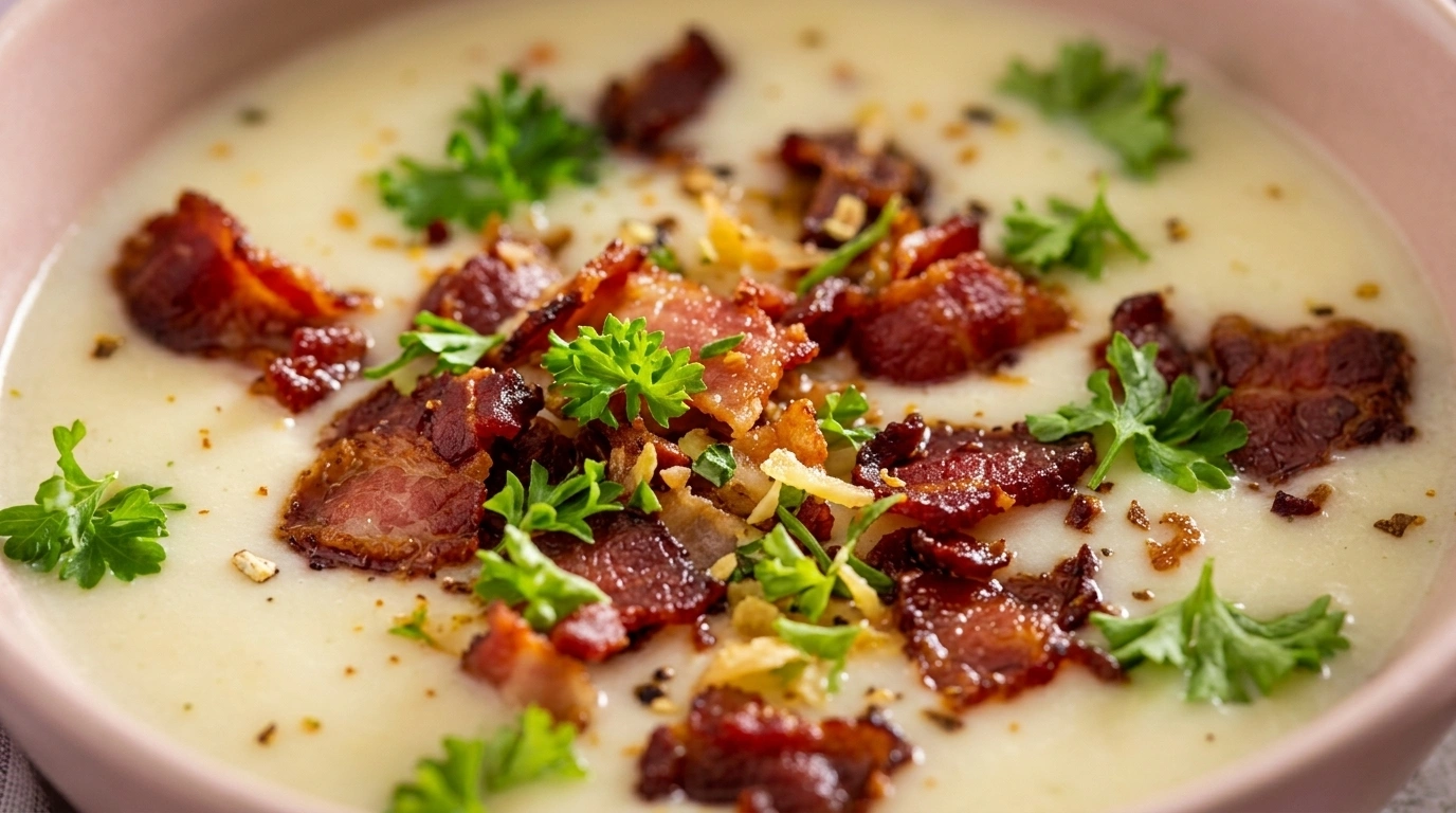 Rabarber- och potatissoppa med crispad bacon – Krämig vardagslyx på 40 minuter - traditionellt Sverige Soppa recept, perfekt till vardagsmiddag