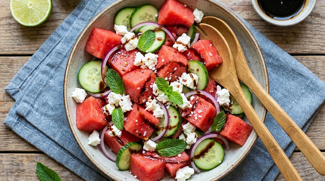 Sallad med vattenmelon, fetaost och mynta