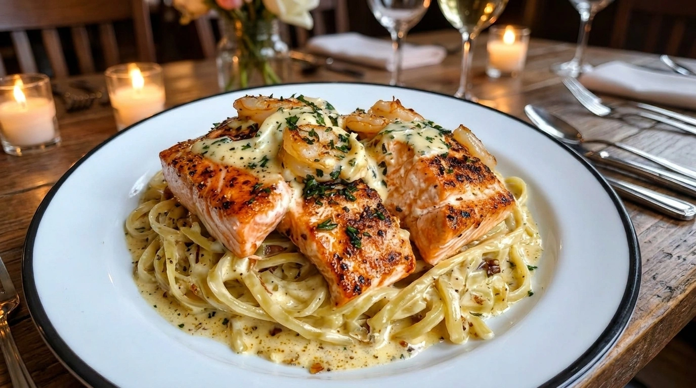 Salmon and Shrimp Alfredo – krämig pasta med lax och räkor - traditionellt Italiensk Pasta recept, perfekt till vardagsmiddag