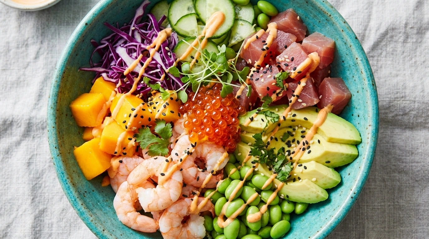 Sushibowl med räkor och edamame