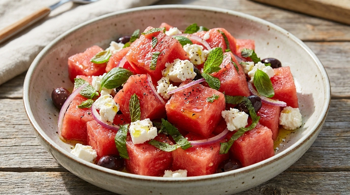 Vattenmelon- och fetaostsallad